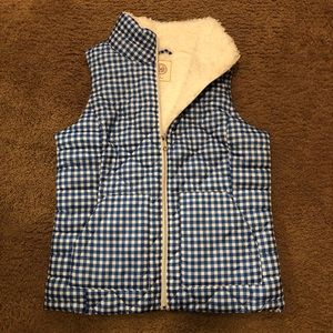 Blue and white checkered fur-lined puffer vest